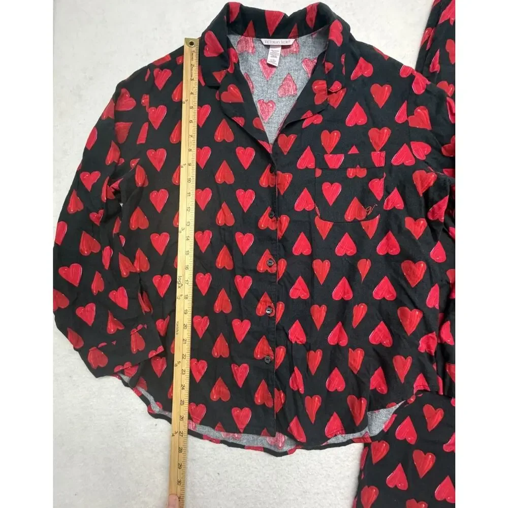 Victorias Secret 2 Piece Pajama Set Large Black Red Heart Print Valentines Set